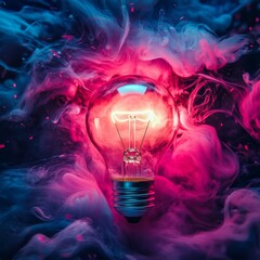 Poster - Electric Imagination: A Lightbulb Shines Through a Mystical Cloud of Pink and Blue Hues, Representing Creative Inspiration