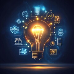 Poster - Illuminated Idea: A Creative Lightbulb with Knowledge and Innovation Related Icons, Symbolizing Bright Thinking and Smart Technology.