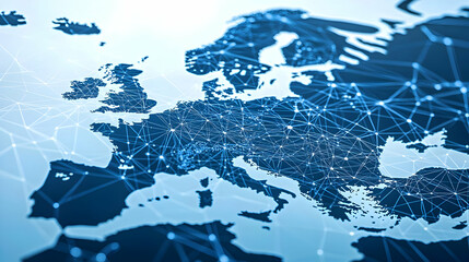 Digital Network Map Of Europe Representing Connectivity and Global Communication in Blue Tone