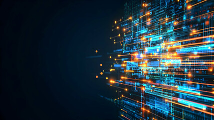 Abstract Digital Data Visualization With Blue And Orange Light Trails Over Dark Background