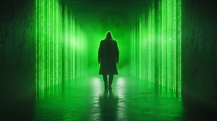 Mysterious Figure in Green Digital Corridor