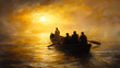 © Thuyet - The misty Sea of Tiberias at sunrise, Jesus’ silhouette appearing on the shore, the disciples rowing their boat toward him in awe, golden light reflecting off the water,