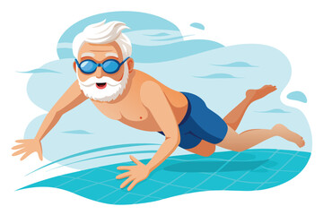 An elderly gentleman swims energetically in a pool, showcasing vitality and enthusiasm, old man swimming in pool . isolated white background