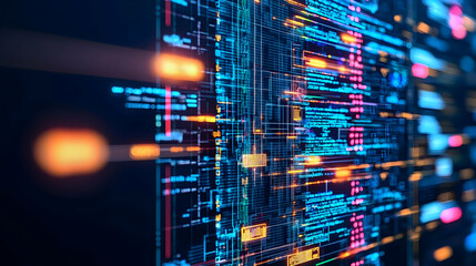 Abstract Digital Data Code With Blue And Orange Lines Against Black Background With Light Streaks