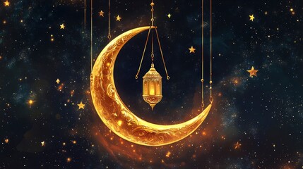 Wall Mural - Elegant golden crescent moon with a hanging lantern and stars on a dark background, suitable for a Ramadan or Muslim holiday greeting card design template
