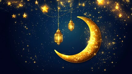 Wall Mural - Elegant golden crescent moon with a hanging lantern and stars on a dark background, suitable for a Ramadan or Muslim holiday greeting card design template