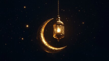 Wall Mural - Elegant golden crescent moon with a hanging lantern and stars on a dark background, suitable for a Ramadan or Muslim holiday greeting card design template