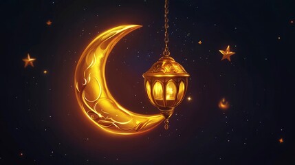 Wall Mural - Elegant golden crescent moon with a hanging lantern and stars on a dark background, suitable for a Ramadan or Muslim holiday greeting card design template