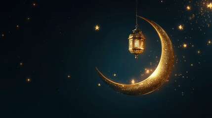 Wall Mural - Elegant golden crescent moon with a hanging lantern and stars on a dark background, suitable for a Ramadan or Muslim holiday greeting card design template