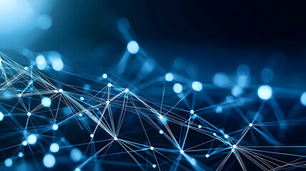 Abstract Digital Network Of Blue Glowing Lines And Nodes Representing Data Connection