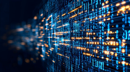 Abstract Digital Code Data Stream in Blue and Orange Hues of Binary Numbers