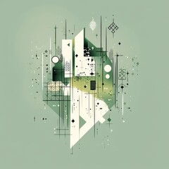 Poster - Abstract Composition with Geometric Shapes and Lines on Pale Green Background - Modern Art.