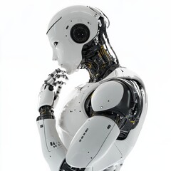 Fototapete - A Thoughtful Machine: Futuristic Robot Contemplating, Set Against Clean White Background, Showcasing Advanced Technology