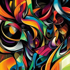 Aufkleber - Vibrant Abstract Composition with Dynamic Curves and Bold Colors on a Dark Background, Modern Art