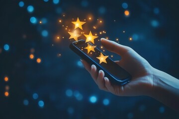 User give five star rating using a smartphone on the online application for the customer review satisfaction