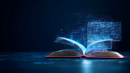Open Book With Glowing Digital Data Displaying Modern Technology And Information In Blue Tones