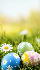  colorful easter eggs in a green meadow with spring daisies, spring holiday