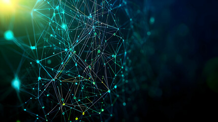 Abstract Digital Network Structure with Green and Blue Connected Lines and Nodes on Dark Background