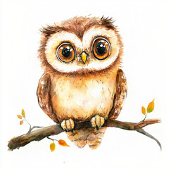 A watercolor cute baby owl with big eyes painting illustration isolated on a white background, a cute baby brown owl on tree illustration, painting, AI Painting design. 