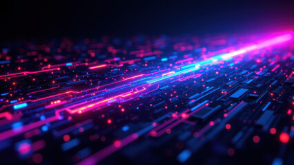 Digital abstract with vibrant neon lights simulating data flow related to ci/cd pipeline, docker containers, kubernetes clusters, and devops operations.