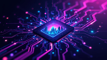 A digital illustration depicting a futuristic data center with intricate network pathways, representing advanced concepts of cloud computing, cybersecurity, and technology infrastructure.