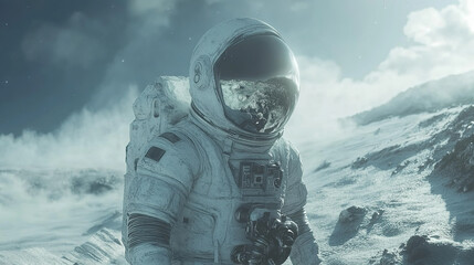 Wall Mural - astronaut exploring alien landscape outer space digital art sci-fi environment close-up view cosmic 