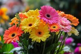 Vibrant gerbera daisies in bloom with diverse colors and lush greenery