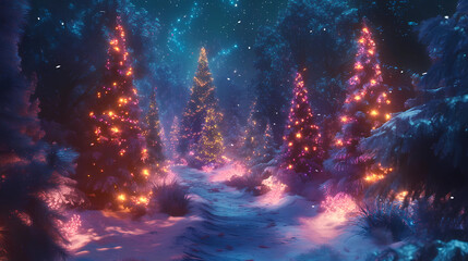 Wall Mural - Magical forest with christmas trees and glowing lights