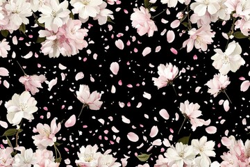 Canvas Print - A delicate cherry blossom branch, its pink petals cascading like a waterfall, against a backdrop of deep, inky black, forming a captivating and aesthetic wallpaper. 