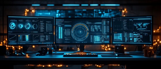 Multiple monitors displaying data in a dark room