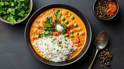 Delicious curry served with fluffy rice garnished with fresh herbs and spices in a cozy kitchen setting