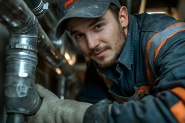 Poster - Technician inspecting plumbing system wearing protective gloves and cap