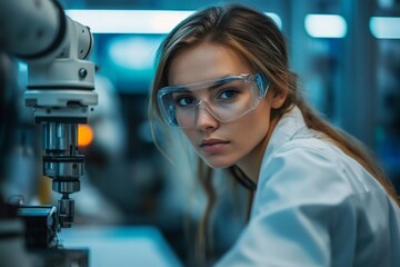 Fototapete - Female engineer working with robotic arm in modern factory