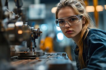 Poster - Female mechanical engineer working on a machine in a factory