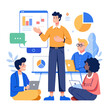 © Юлия Савельева - A business analyst presents important insights to stakeholders in a modern office setting. The analyst uses charts and graphs displayed on a screen while team members engage interactively