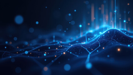 Futuristic abstract digital illustration of network technology with a focus on cloud computing and artificial intelligence concepts, such as machine learning and software development operations.