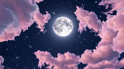 Wall Mural - a dreamy video featuring a full moon surrounded by pink clouds and twinkling stars, creating a seren
