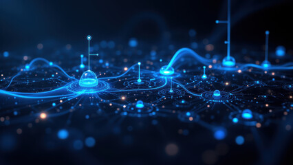Wall Mural - A digital illustration of a network with nodes and lines representing continuous integration/continuous delivery pipelines within the context of cloud computing and DevOps practices.
