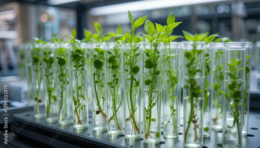 Botanical researchers are cultivating various plant specimens in clear ...