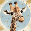 © Murad - A Charming Giraffe Portrait: Whimsical Illustration on Blue with Golden Speckles, a Delightful Wildlife Art Piece