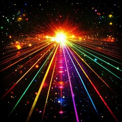 Aufkleber - Cosmic Light Burst: A vibrant explosion of colorful rays emanating from a central point, scattered stars in the dark background.
