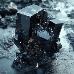 Poster - Crystalline Obsidian Tower: Volcanic Glass Formation on a Reflective, Textured Landscape with Subtle Glimmers