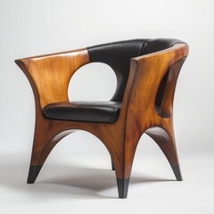 Poster - Elegant Wooden Armchair with Black Leather Cushion and Backrest, Set Against a Clean White Background 