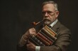 © Iftikhar alam - A man with a beard and glasses in a tweed jacket holds a stack of books and smokes a pipe, A stern-looking academic in a tweed suit, holding a stack of books under one arm and a pipe in his mouth