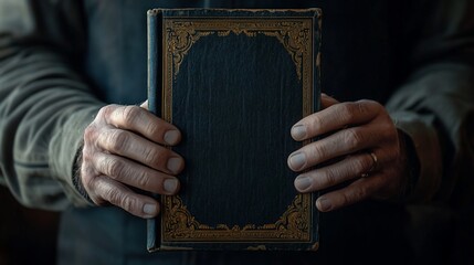 Hands holding a closed book with ornate gold trim, blurry background, for website