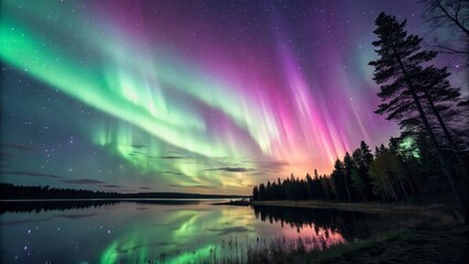 Aurora Borealis over Lake Nightscape Photography, Colorful Aurora, Starry Sky, Lake Reflection, Northern Lights, Landscape Aurora, Nature Photography