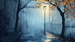 © Thiago - Misty morning walk urban alley foggy environment low angle serenity and solitude. Solitude - Forest. Illustration