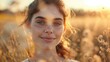 © Generate AI 11199 - Smiling Girl in Golden Field with Soft Sunlight and Delicate Flowers