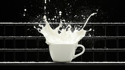 Wall Mural -   White cup holding milk on black and white tiled surface with black and white tiled background