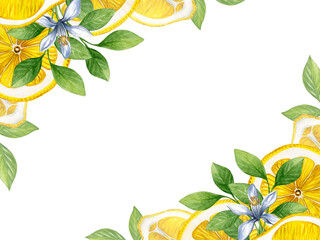 lemon frame. watercolor of tropical fruits, leaves and flowers isolated on white background. good fo